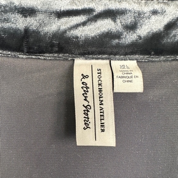 & Other Stories Sz Large Crushed Velvet Velour Button Up Shirt Top Slate Blue - Picture 3 of 7